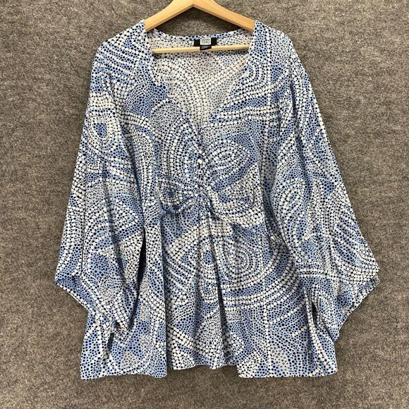 Studio 1940 Blouse Women 30/32W Plus Blue Geometric V-Neck Long Sleeve Button - Picture 1 of 8
